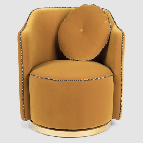 Fotel designerski do salonu vintage glamour retro musztardowy z poduszką 