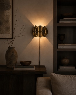 Kinkiet ścienny Corridor ANTIQUE od Dutchbone w nastrojowej aranżacji salonu z ciemnym drewnem