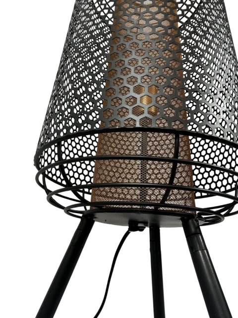 Lampa podłogowa na trójnogu ażurowy klosz metalowa pochodnia na nóżkach oświetlenie w stylu industrialnym do loftu