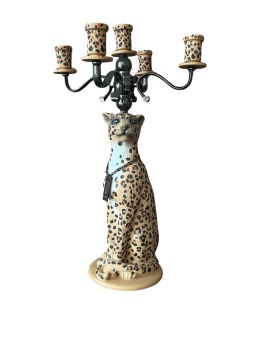 Lampa podłogowa dekoracyjna Pantera cętkowana w koronie rzeźba świecznik