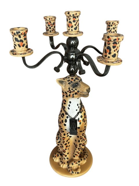 Lampa podłogowa dekoracyjna Pantera cętkowana w koronie rzeźba świecznik