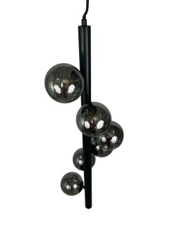 Lampa wisząca czarna z sześcioma kloszami kule dymione szkło styl glamour