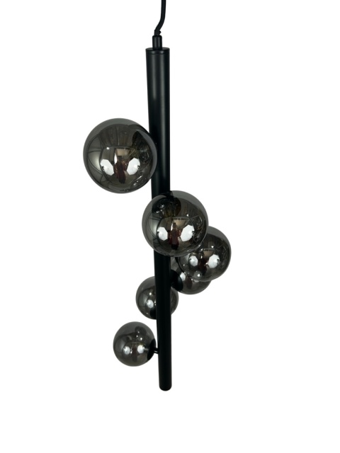 Lampa wisząca czarna z sześcioma kloszami kule dymione szkło styl glamour