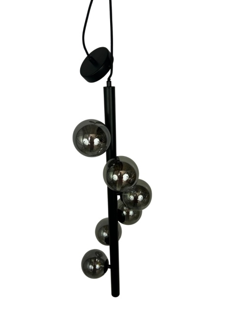 Lampa wisząca czarna z sześcioma kloszami kule dymione szkło styl glamour