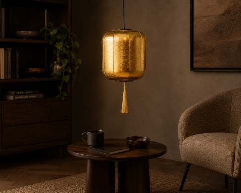 Lampa SUONI S w aranżacji wypoczynkowej nad stolikiem kawowym.
