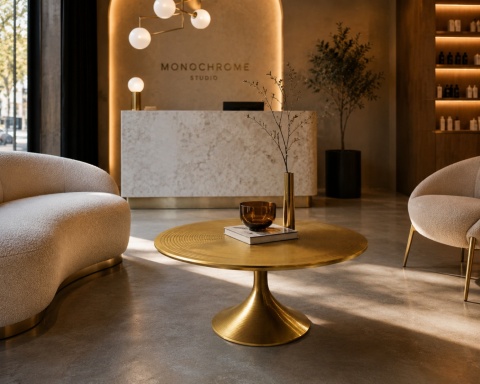 Złoty stolik kawowy Bold Monkey HYPNOTISING w eleganckim lobby salonu beauty z miękkimi fotelami, recepcją z kamienia i ciepłym oświetleniem.