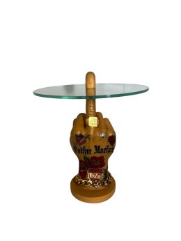 Stolik kawowy pomocniczy dłoń fuck tatuaże ze szklanym blatem nowoczesny kolekcjonerski artystyczny styl