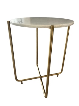 Okrągły stolik pomocniczy z białym marmurem i złotymi nogami – mały, elegancki akcent do wnętrz