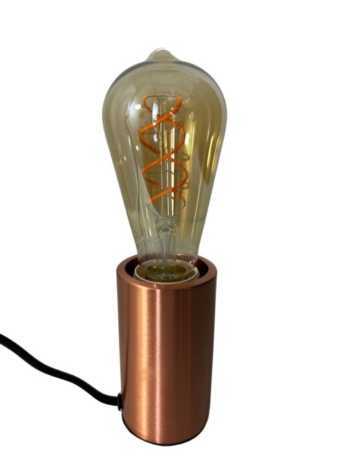 Żarówka LED Drop Gold osadzona w miedzianej oprawce – widoczny spiralny żarnik